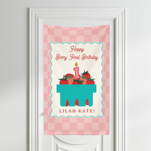 Strawberry 1st Birthday Chequered Basket  Banner