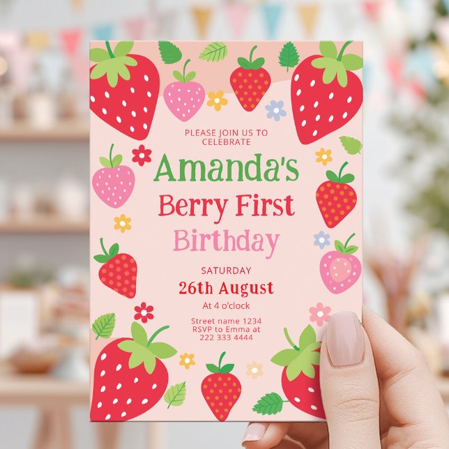 Strawberry 1st Birthday, First Berry Birthday Invitation (Creator Uploaded)