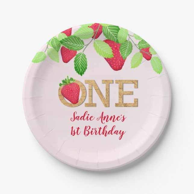 Strawberry 1st Birthday Girl Red Rustic Paper Plat Plate (Front)