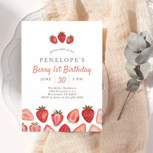 Strawberry 1st Birthday Girl Watercolor Invitation