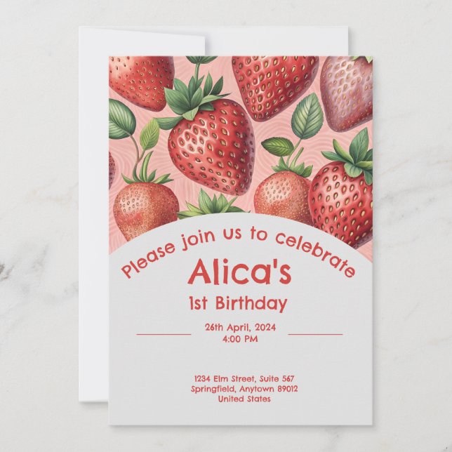 Strawberry 1st birthday invitation in summer (Front)