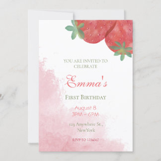 Strawberry 1st birthday invitations with photo.