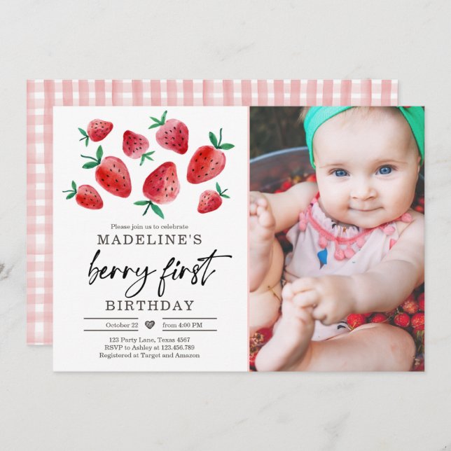 Strawberry 1st Birthday Invite First Berry Sweet (Front/Back)