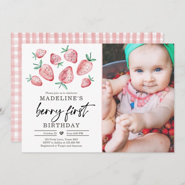 Strawberry 1st Birthday Invite First Berry Sweet (Front/Back)