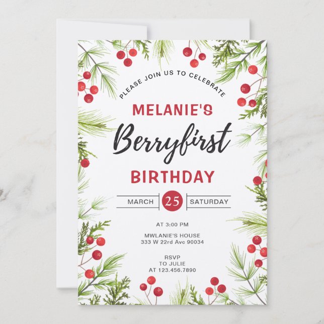 Strawberry 1st Birthday Party | Berry First Invitation (Front)