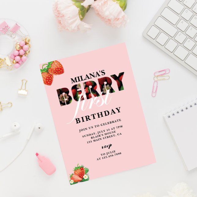 Strawberry 1st Birthday Party | Berry First  Invitation (Pink Berry First strawberry invitation card)
