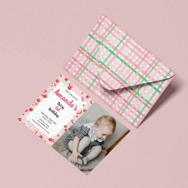 Strawberry 1st birthday party berry first invitation (Creator Uploaded)