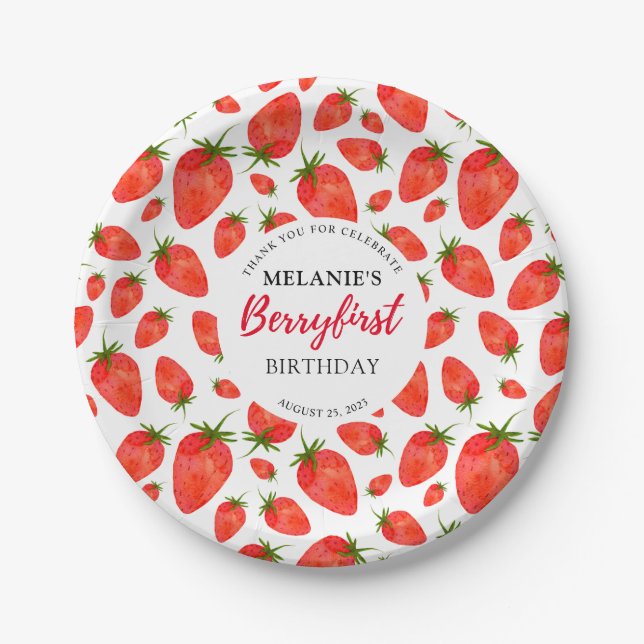 Strawberry 1st Birthday Party | Berry First Paper Plate (Front)