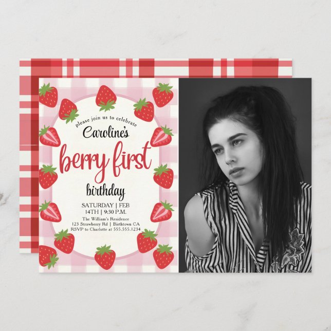 Strawberry 1st Birthday Party Berry First Photo Invitation (Front/Back)
