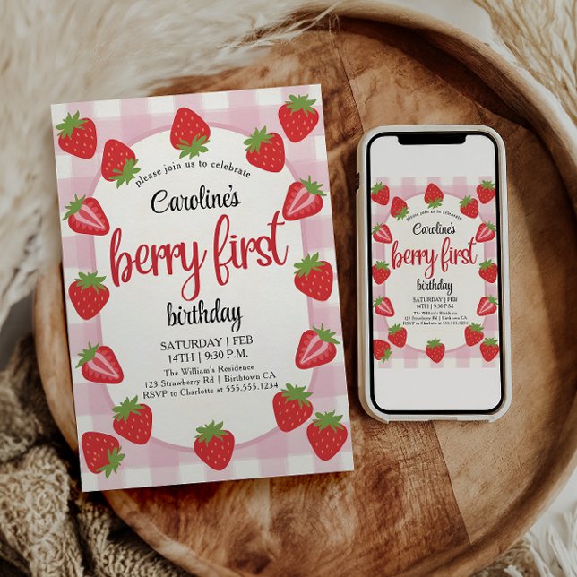 Strawberry 1st Birthday Party Berry First Photo Invitation (Creator Uploaded)