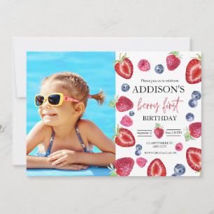 Strawberry 1st Birthday Party Berry First Photo Invitation