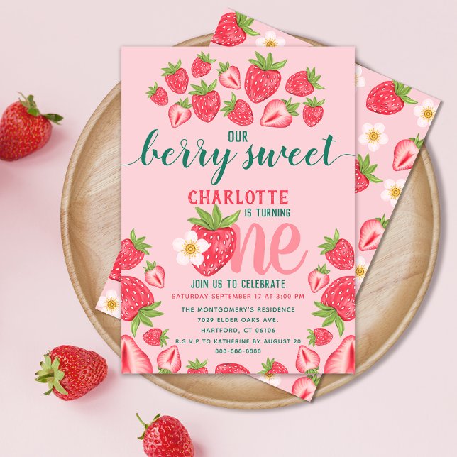 Strawberry 1st Birthday Party Berry Sweet Pink Invitation (Creator Uploaded)