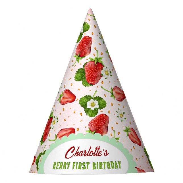 Strawberry 1st Birthday Party Hat (Front)