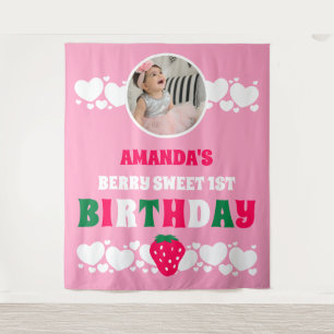 Strawberry 1st Birthday Photo  Fabric Banner Tapestry