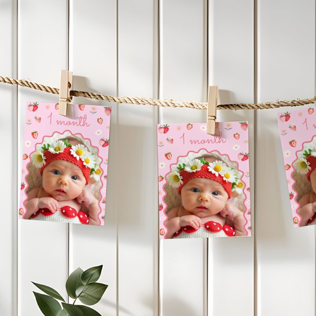 Strawberry 1st Birthday Photo Milestone Banner  Invitation (Creator Uploaded)