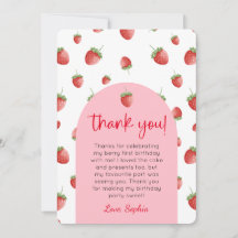 Strawberry 1st Birthday Photo Thank You Card