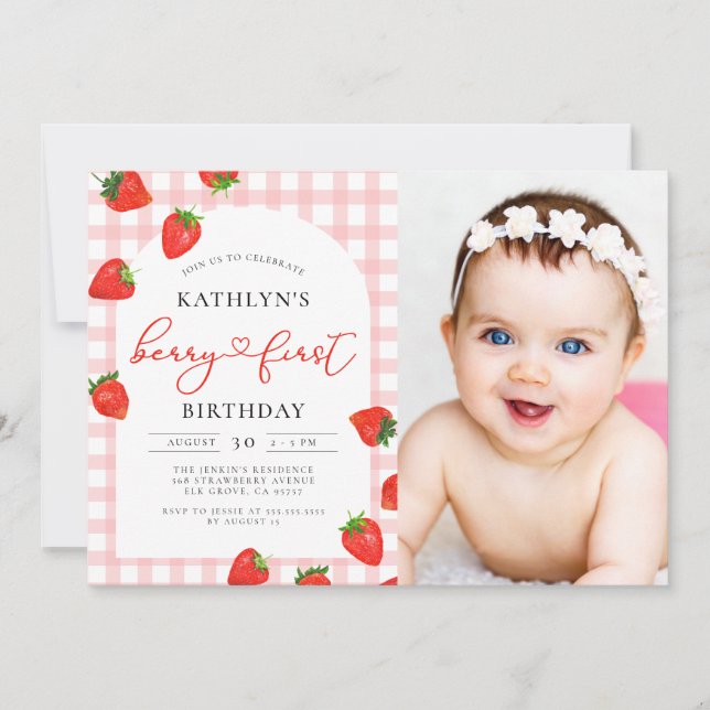 Strawberry 1st Birthday Pink Berry Birthday Photo Invitation (Front)