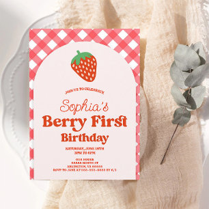 Strawberry 1st Birthday Pink Red Girl Invitation
