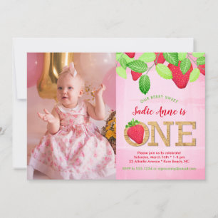 Strawberry 1st Birthday Pink Watercolor Photo Invitation