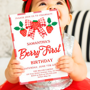 Strawberry 1st Birthday Red Gingham Bow Photo Invitation