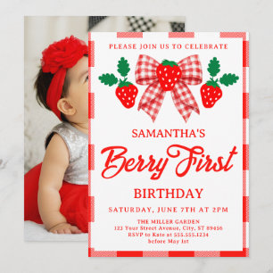 Strawberry 1st Birthday Red Gingham Bow Photo Invitation