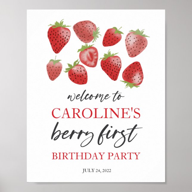 Strawberry 1st Birthday Welcome Sign • Berry First (Front)