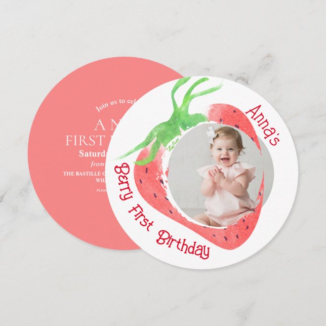 Strawberry 1st Cute Berry Birthday Photo Invitation (Front/Back)