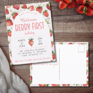 Strawberry 1st Photo Berry First Birthday Invitation Postcard
