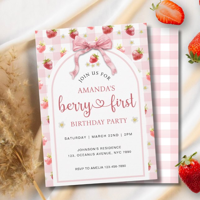  Strawberry  1st Watercolor Berry First Birthday  Invitation (Creator Uploaded)