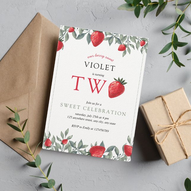 Strawberry 2nd Birthday | Berry Sweet Watercolor Invitation (Creator Uploaded)