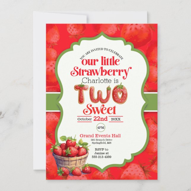 Strawberry 2nd birthday invitation (Front)