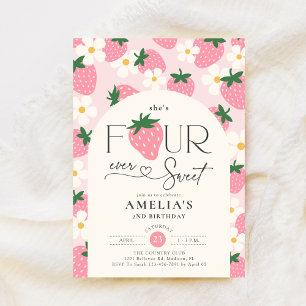 Strawberry 4th Birthday Four Ever Sweet Pink Invitation