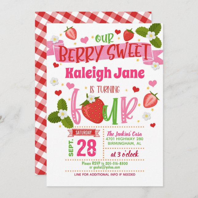 Strawberry 4th Birthday Invitation (Front/Back)