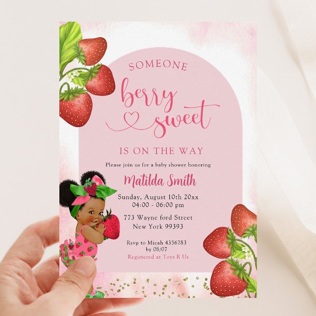 Strawberry African Girl Berry Sweet Baby Shower Invitation (Creator Uploaded)
