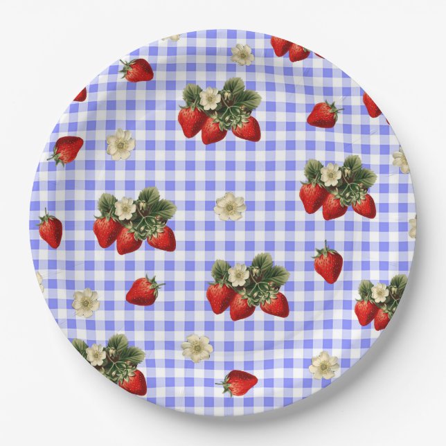 Strawberry and blue gingham cute paper plates (Front)