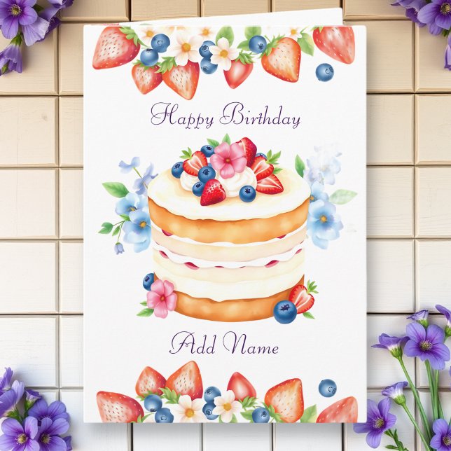 Strawberry and Blueberry Birthday Cake Personalise Card (Creator Uploaded)