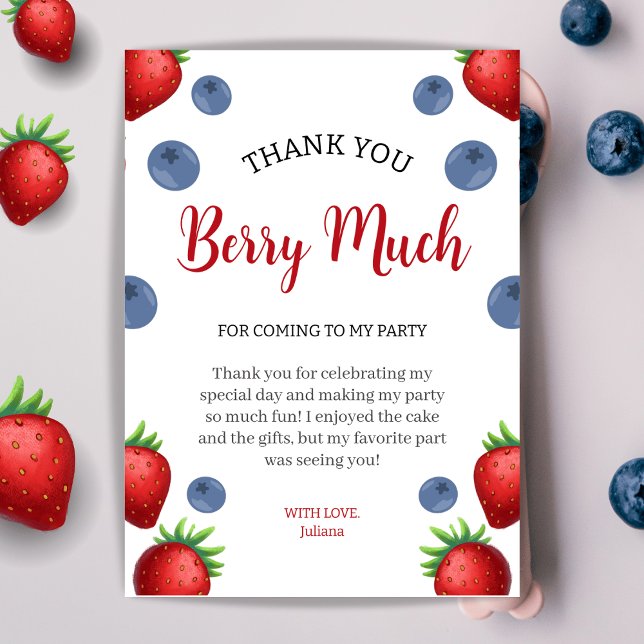 Strawberry and Blueberry Girl Birthday Party  Thank You Card (Creator Uploaded)