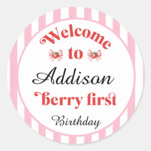Strawberry and bow Berry First Birthday Classic Round Sticker