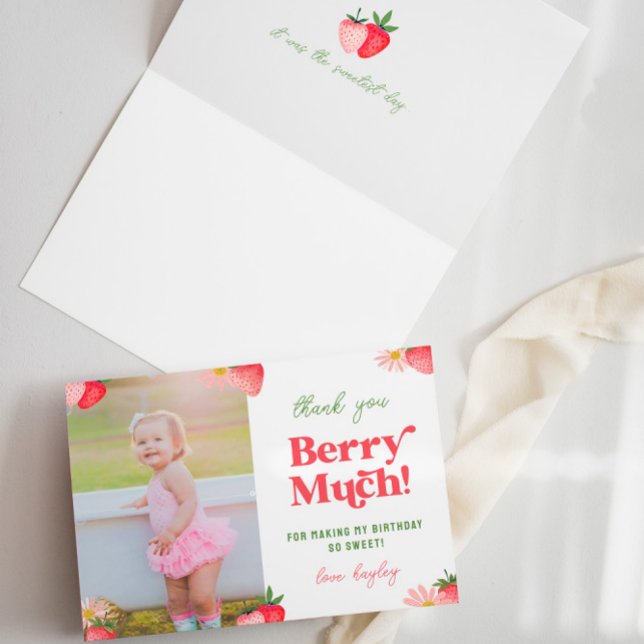 Strawberry and Daisy Pastel Photo Girls Birthday Thank You Card (Creator Uploaded)