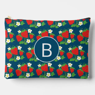 Strawberry and Flower Blue Pattern Monogrammed Accessory Pouch