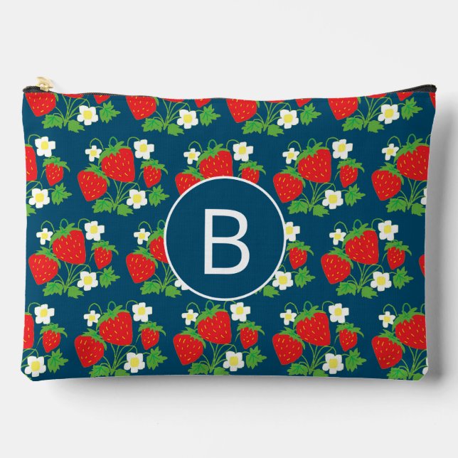 Strawberry and Flower Blue Pattern Monogrammed Accessory Pouch (Front)