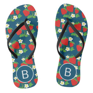 Strawberry and Flower Blue Pattern Monogrammed Jandals