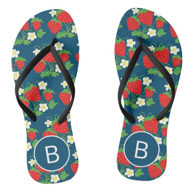 Strawberry and Flower Blue Pattern Monogrammed Jandals (Footbed)