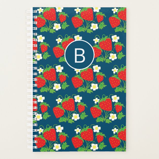 Strawberry and Flower Blue Pattern Monogrammed Planner (Front)