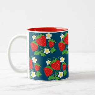 Strawberry and Flower Blue Pattern Two-Tone Coffee Mug