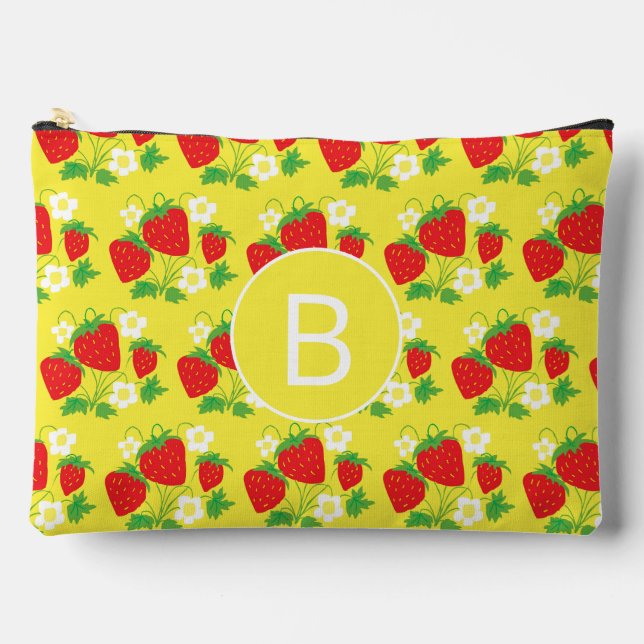 Strawberry and Flower Yellow Pattern Monogrammed Accessory Pouch (Front)