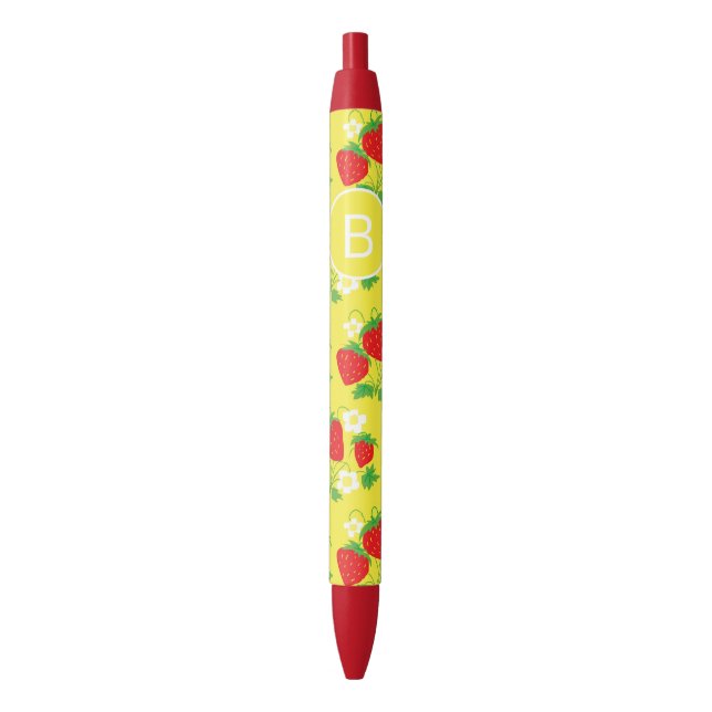 Strawberry and Flower Yellow Pattern Monogrammed Black Ink Pen (Front Vertical)