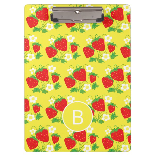 Strawberry and Flower Yellow Pattern Monogrammed Clipboard (Front)