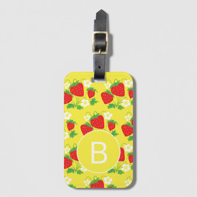 Strawberry and Flower Yellow Pattern Monogrammed Luggage Tag (Front Vertical)