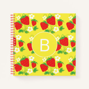 Strawberry and Flower Yellow Pattern Monogrammed Notebook
